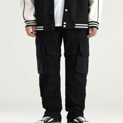 Custom Washed Loose-Fit Multi-Pocket Cargo Pants - Style 0180AB Black washed loose-fit multi-pocket cargo pants