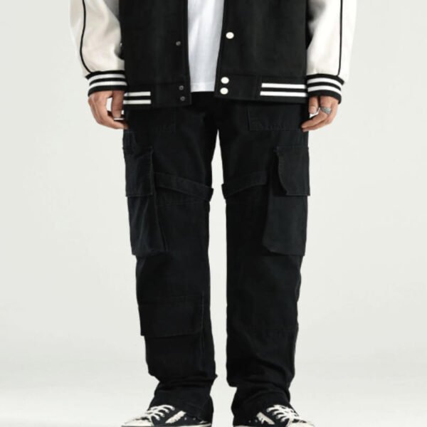 Custom Washed Loose-Fit Multi-Pocket Cargo Pants - Style 0180AB Black washed loose-fit multi-pocket cargo pants