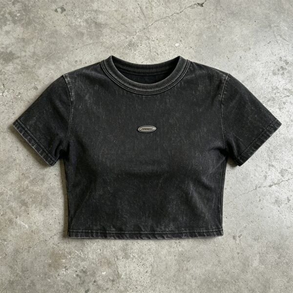 Custom Washed Metal Badge Crop T-Shirt - Style 6CCF22 - product detail view 2 Custom Washed Metal Badge Crop T-Shirt - Style 6CCF22 - product detail view 2