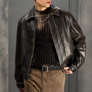 Man wearing a brown washed leather-look motorcycle jacket