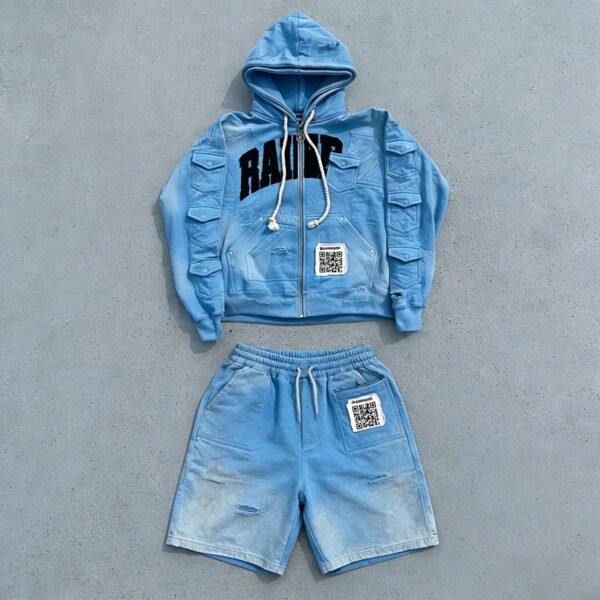 Custom Washed Multi-Pocket Hoodie Short Set - Style 311CAC - product detail view 2