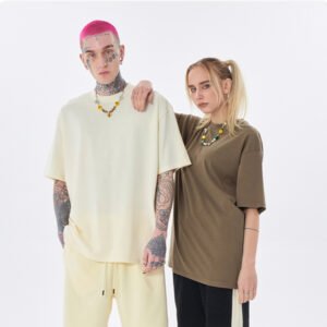 Couple wearing oversized drop-shoulder t-shirts