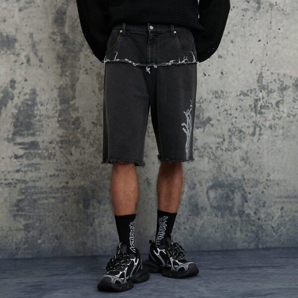 Custom Washed Patchwork Denim-Look Street Shorts - Style 8E3762