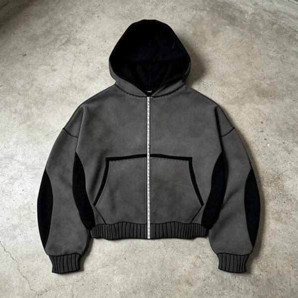 Custom Washed Patchwork Zip Hoodie - Style 931553 - product detail view 2 Custom Washed Patchwork Zip Hoodie - Style 931553 - product detail view 2