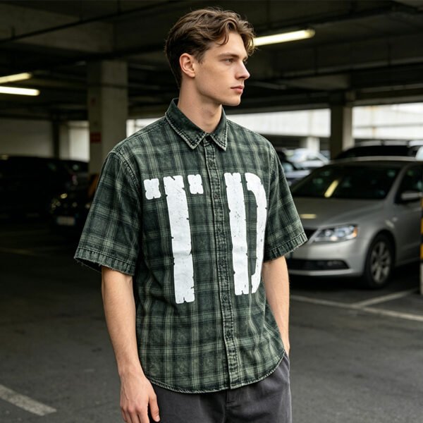 Custom Washed Plaid Short Sleeve Overshirt - Style A93299 - product detail view 2