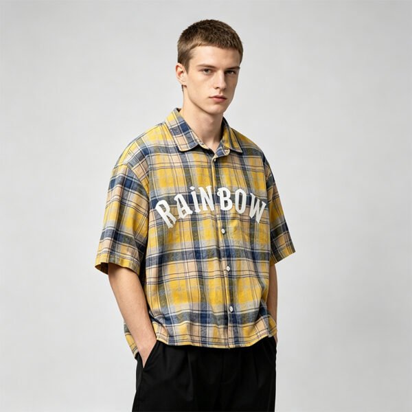 Custom Washed Plaid Rubber Print Short Sleeve Shirt - Style B67ADF - product detail view 2