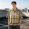 Custom Washed Plaid Rubber Print Short Sleeve Shirt - Style B67ADF - product detail view 3