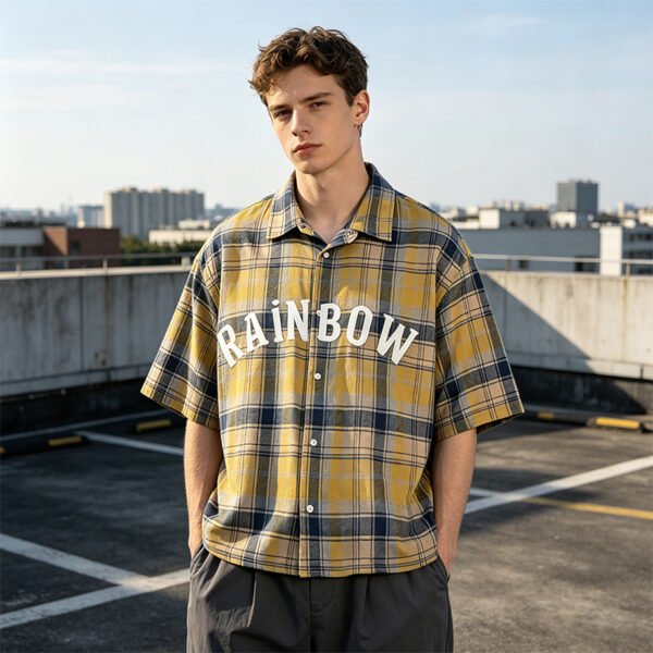 Custom Washed Plaid Rubber Print Short Sleeve Shirt - Style B67ADF - product detail view 3