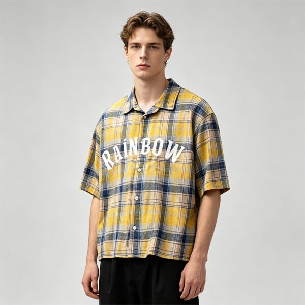 Custom Washed Plaid Rubber Print Short Sleeve Shirt - Style B67ADF - product detail view 9