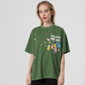 Green oversized t-shirt with puff print graphic and text