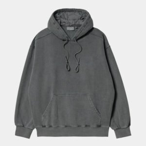 Washed gray pullover hoodie with adjustable drawstrings and front pocket.
