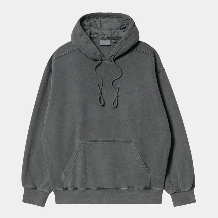 Washed gray pullover hoodie with adjustable drawstrings and front pocket.