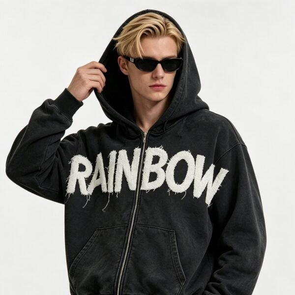 Custom Washed Raised-Letter Zip Hoodie - Style F44BFA - product detail view 3 Custom Washed Raised-Letter Zip Hoodie - Style F44BFA - product detail view 3