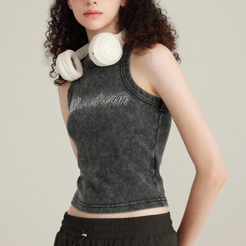 Custom Washed Rhinestone Fitted Sleeveless Tank Top - Style F6BF06