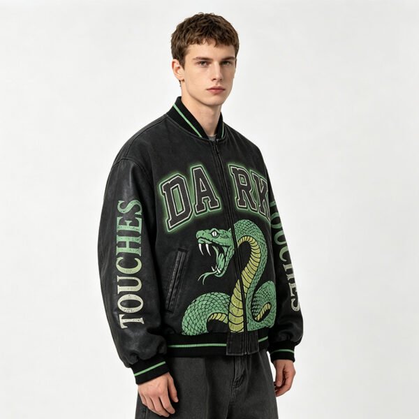 Custom Washed Snake Graphic Varsity Bomber Jacket - Style 07DD01 - product detail view 2 Custom Washed Snake Graphic Varsity Bomber Jacket - Style 07DD01 - product detail view 2