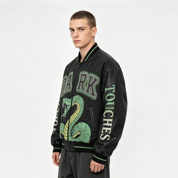 Custom Washed Snake Graphic Varsity Bomber Jacket - Style 07DD01 - product detail view 3 Custom Washed Snake Graphic Varsity Bomber Jacket - Style 07DD01 - product detail view 3