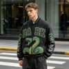 Custom Washed Snake Graphic Varsity Bomber Jacket - Style 07DD01 - product detail view 5 Custom Washed Snake Graphic Varsity Bomber Jacket - Style 07DD01 - product detail view 5