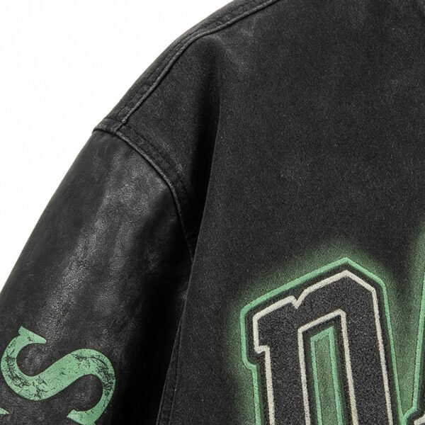 Custom Washed Snake Graphic Varsity Bomber Jacket - Style 07DD01 - product detail view 8 Custom Washed Snake Graphic Varsity Bomber Jacket - Style 07DD01 - product detail view 8