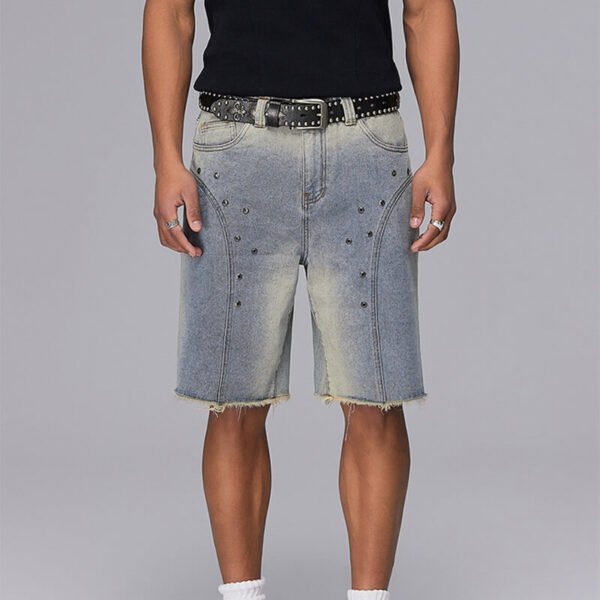 Custom Washed Studded Denim Shorts - Style 02B523 Man wearing custom washed studded denim shorts