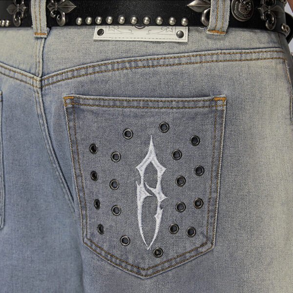 Custom Washed Studded Denim Shorts - Style 02B523 - product detail view 9 Custom Washed Studded Denim Shorts - Style 02B523 - product detail view 9