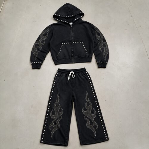 Custom Washed Studded Zip Hoodie Set - Style E61268 Black washed zip hoodie and wide leg pants set with studs and flame designs