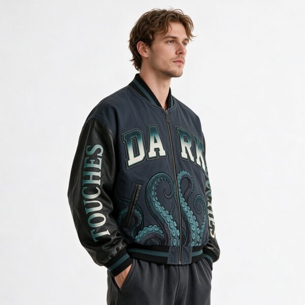 Custom Washed Octopus Applique Varsity Bomber Jacket - Style 2DF636 - product detail view 2