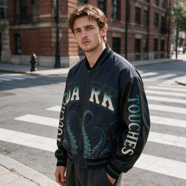 Custom Washed Octopus Applique Varsity Bomber Jacket - Style 2DF636 - product detail view 3
