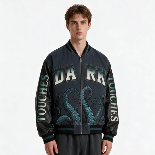 Custom Washed Octopus Applique Varsity Bomber Jacket - Style 2DF636 - product detail view 5