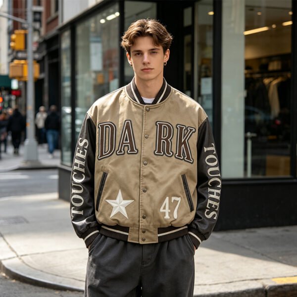 Custom Washed Applique Varsity Bomber Jacket - Style DC353C - product detail view 3 Custom Washed Applique Varsity Bomber Jacket - Style DC353C - product detail view 3
