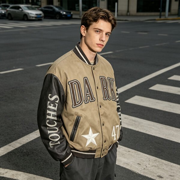 Custom Washed Applique Varsity Bomber Jacket - Style DC353C - product detail view 4 Custom Washed Applique Varsity Bomber Jacket - Style DC353C - product detail view 4