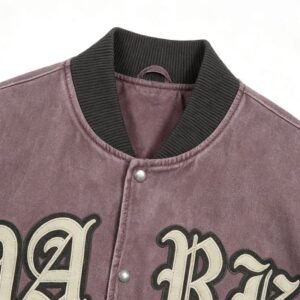 Close-up of a custom washed varsity jacket with embroidered letters