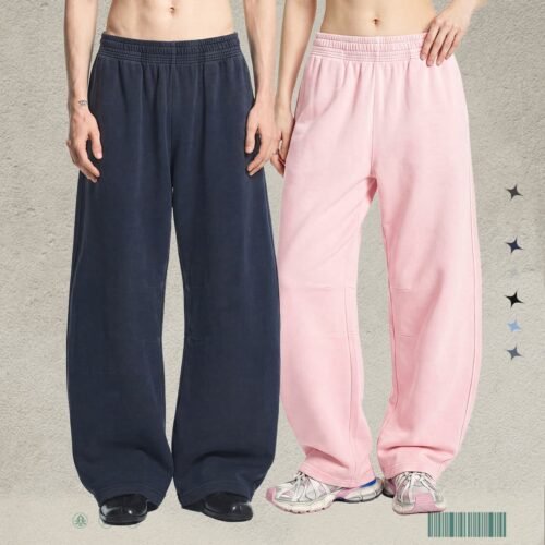 Custom Washed Wide-Leg Terry Pants - Style FFBA65 Two people wearing wide-leg washed cotton terry pants, one navy and one pink