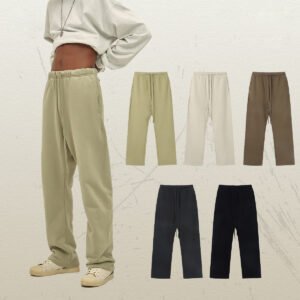 Model wearing light green wide-leg brushed fleece sweatpants with other styles shown