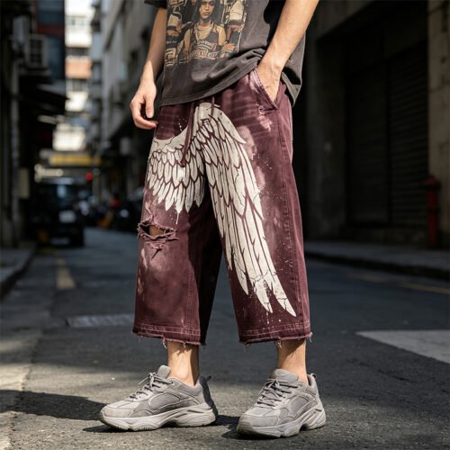 Custom Vintage Wing Graphic Distressed Cropped Pants - Style ED5AF0 Custom Vintage Wing Graphic Distressed Cropped Pants - Style ED5AF0