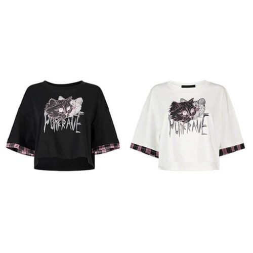 Custom Women's Cat Graphic Contrast-Cuff T-Shirt - Style E04A37 Custom Women's Cat Graphic Contrast-Cuff T-Shirt - Style E04A37