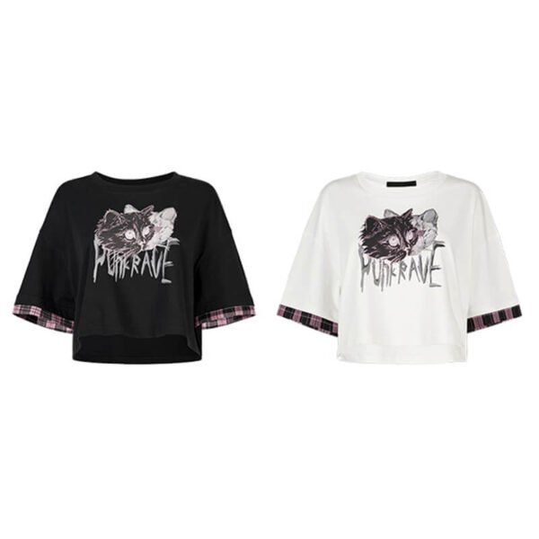 Custom Women's Cat Graphic Contrast-Cuff T-Shirt - Style E04A37