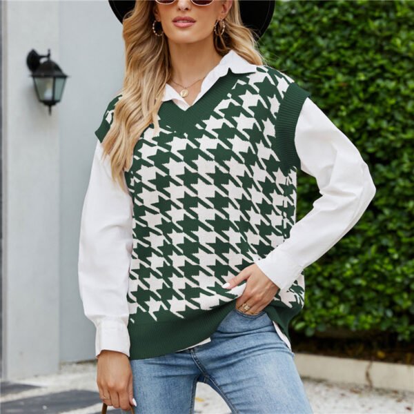 Custom Women's Houndstooth Knit Sweater Vest - Style BCD180 Women's green houndstooth knit v-neck sweater vest