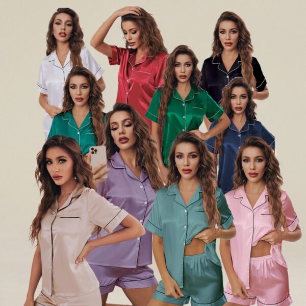 Women in various silk-reference short-sleeve pajama sets