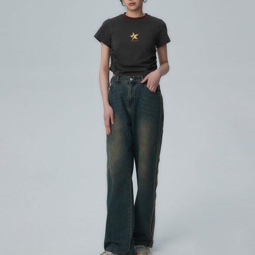 Custom Women's Slim Contrast Graphic T-Shirt - Style B3CC17 Woman wearing a dark grey slim fit t-shirt with a gold star graphic