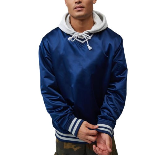 Custom Youth Satin Layered Pullover - Style 297AA7 Blue satin layered pullover hoodie with grey hood and striped cuffs
