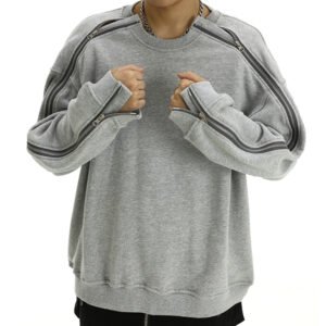 Grey crewneck sweatshirt with zip details on sleeves and shoulders