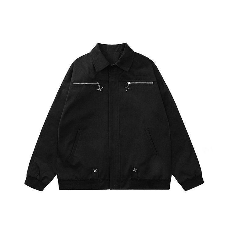 Black zip front flight jacket with collared neckline