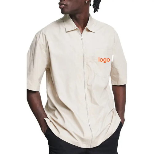 Custom Beige Zip-Front Short-Sleeve Street Shirt - Style 9BBB04