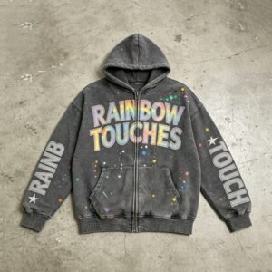 Grey washed zip-up hoodie with rainbow touches and paint splatter