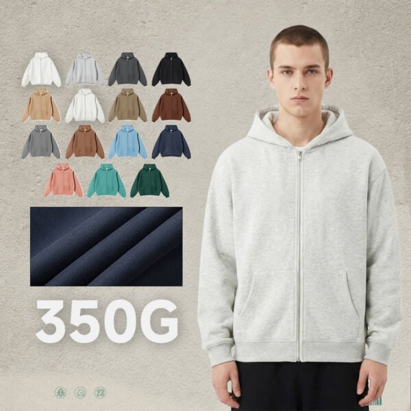 Custom 350G oversized zip-up hoodie with deep kangaroo pocket