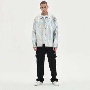Man wearing a custom iridescent textured panel-print streetwear jacket
