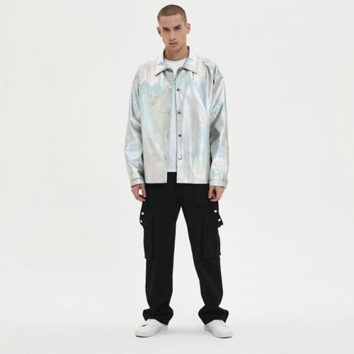Custom Iridescent Textured Panel-Print Streetwear Jacket - Style 4B9BE8 Man wearing a custom iridescent textured panel-print streetwear jacket