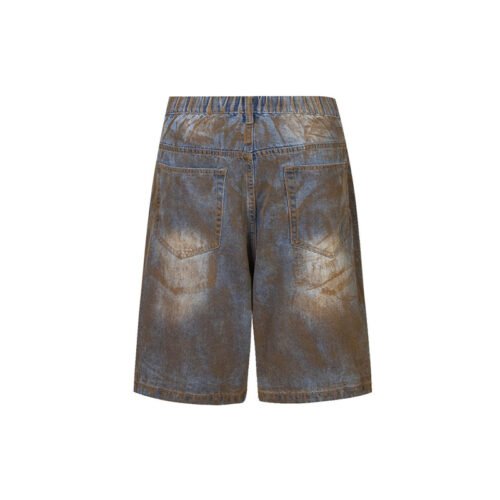 Custom Contained Raw-Edge Denim Shorts - Style D32EC5 Custom blue and brown wash raw-edge denim shorts, back view