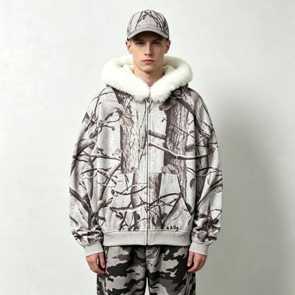 Custom Tree Camo Fur-Trim Boxy Zip Hoodie - Style 610284 - product detail view 5 Custom Tree Camo Fur-Trim Boxy Zip Hoodie - Style 610284 - product detail view 5