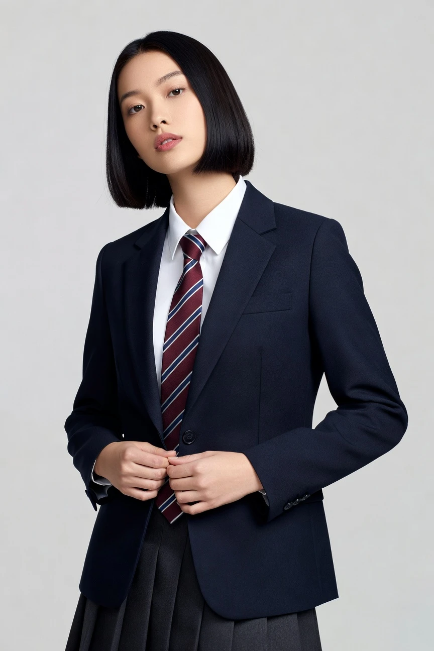 Woman wearing a navy blazer, white shirt, and striped tie
